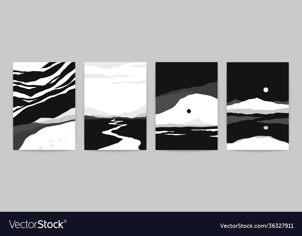 Black landscape posters set monochrome nature