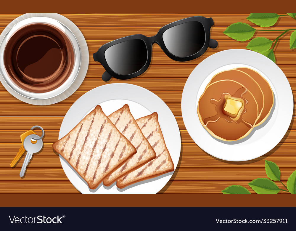 Breakfast close up on desk background with some vector image Breakfast close up on desk background with some