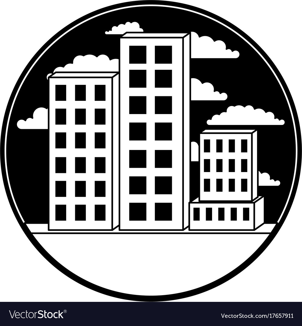 Building set city in circular frame with cloud