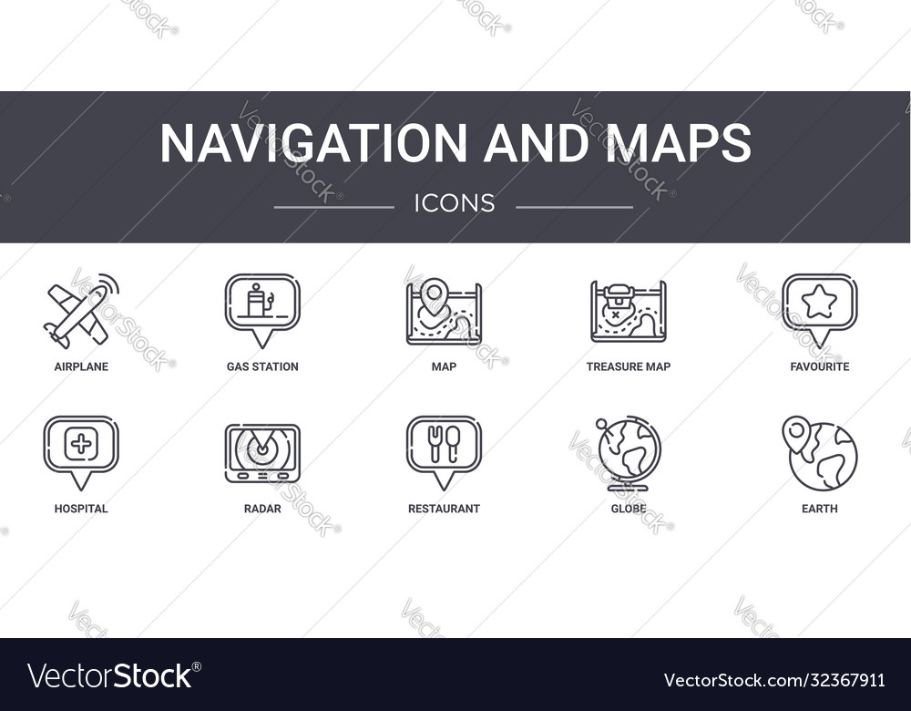 Navigation and maps concept line icons set vector image Navigation and maps concept line icons set