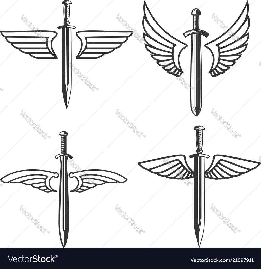 Set of emblems with medieval sword and wings Vector Image