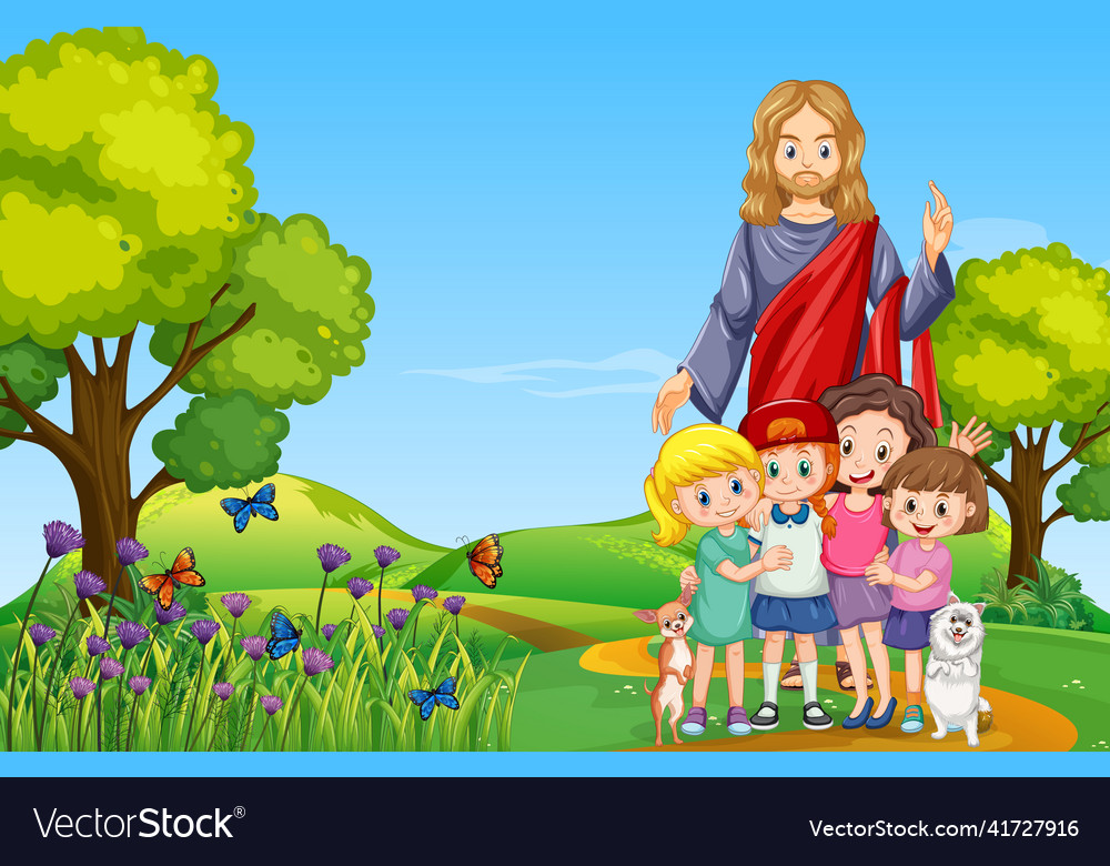 Jesus and children at the park Royalty Free Vector Image