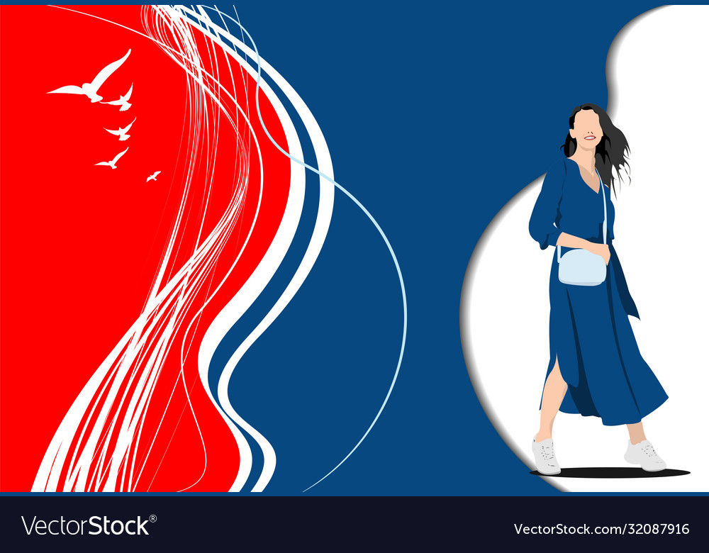 Red blue abstract background with young girl