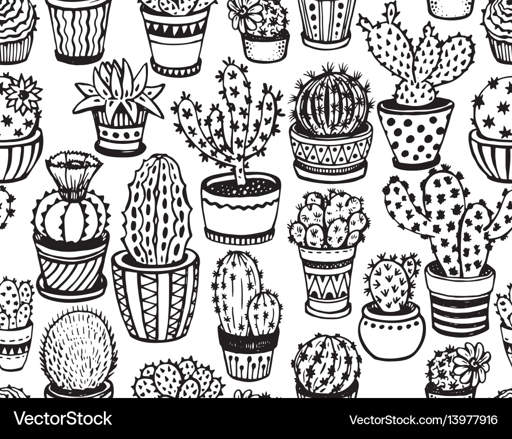 Seamless pattern with hand drawn cactus Royalty Free Vector