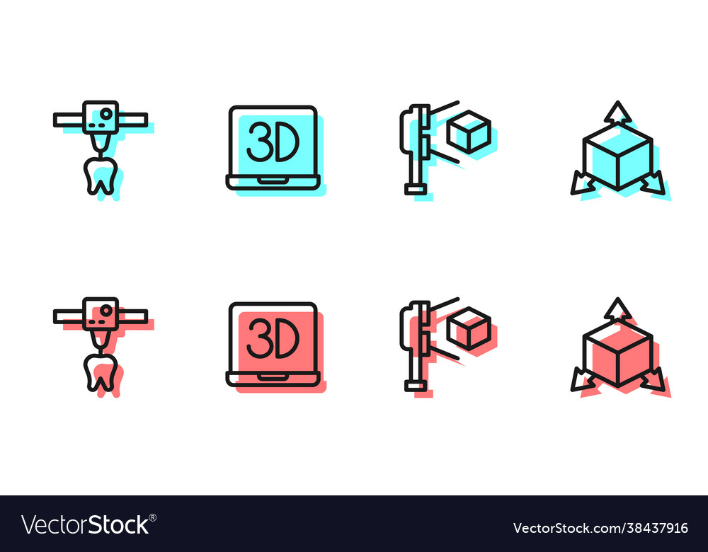 Set line 3d scanner with cube printer tooth vector image Set line 3d scanner with cube printer tooth