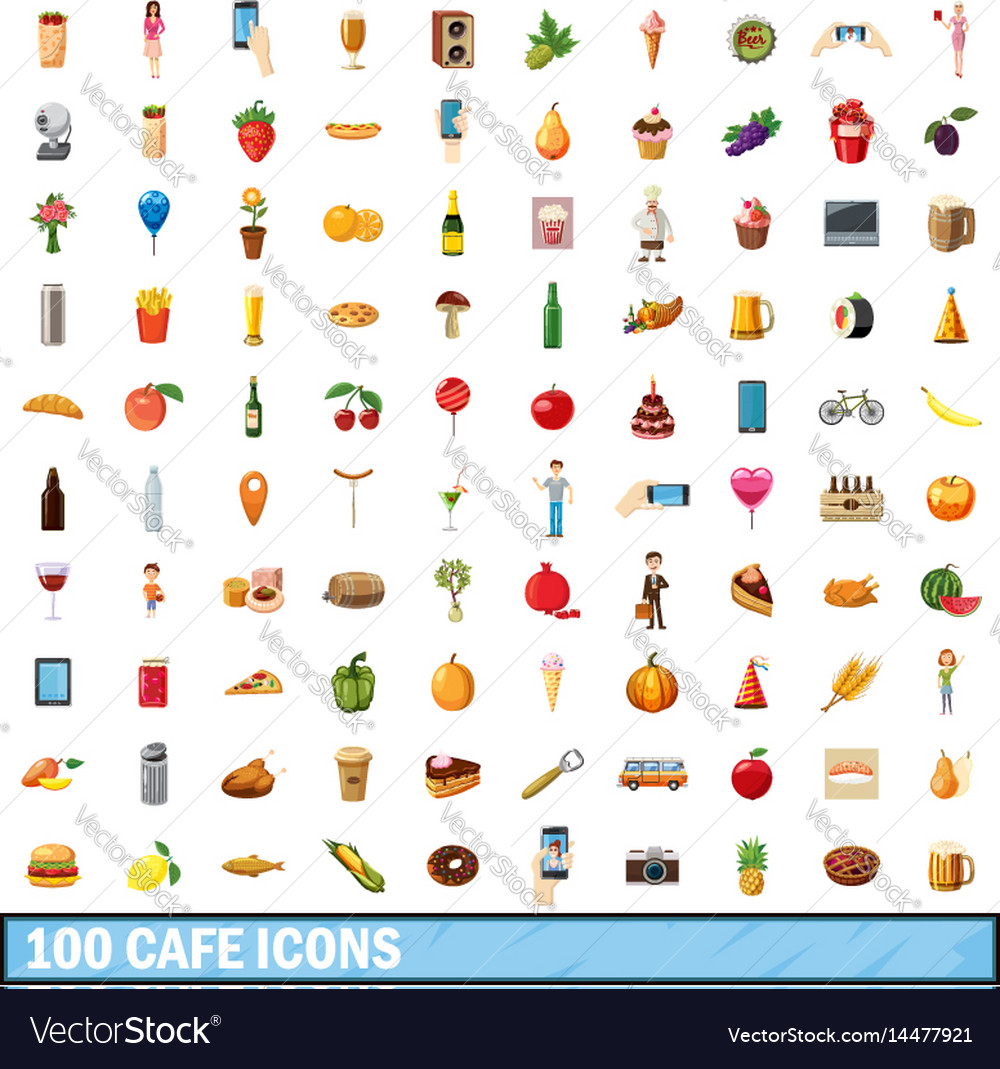 100 cafe icons set cartoon style Royalty Free Vector Image