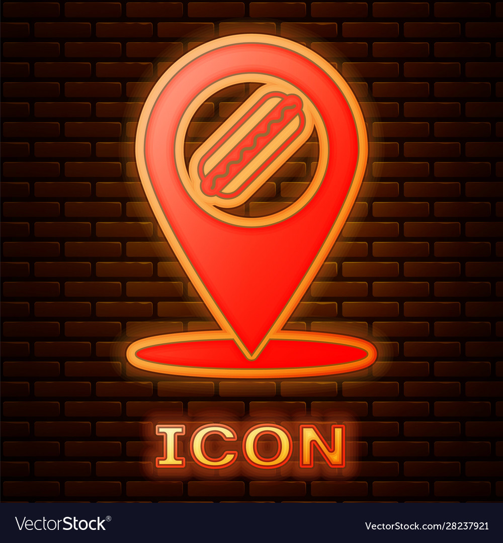 Glowing neon map pointer with fast food hotdog vector image Glowing neon map pointer with fast food hotdog
