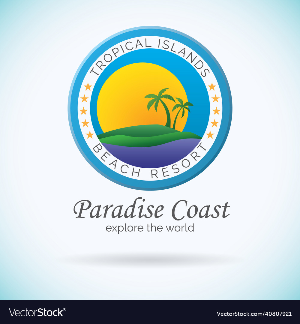 Palm trees and sun beach resort logo design vector image Palm trees and sun beach resort logo design