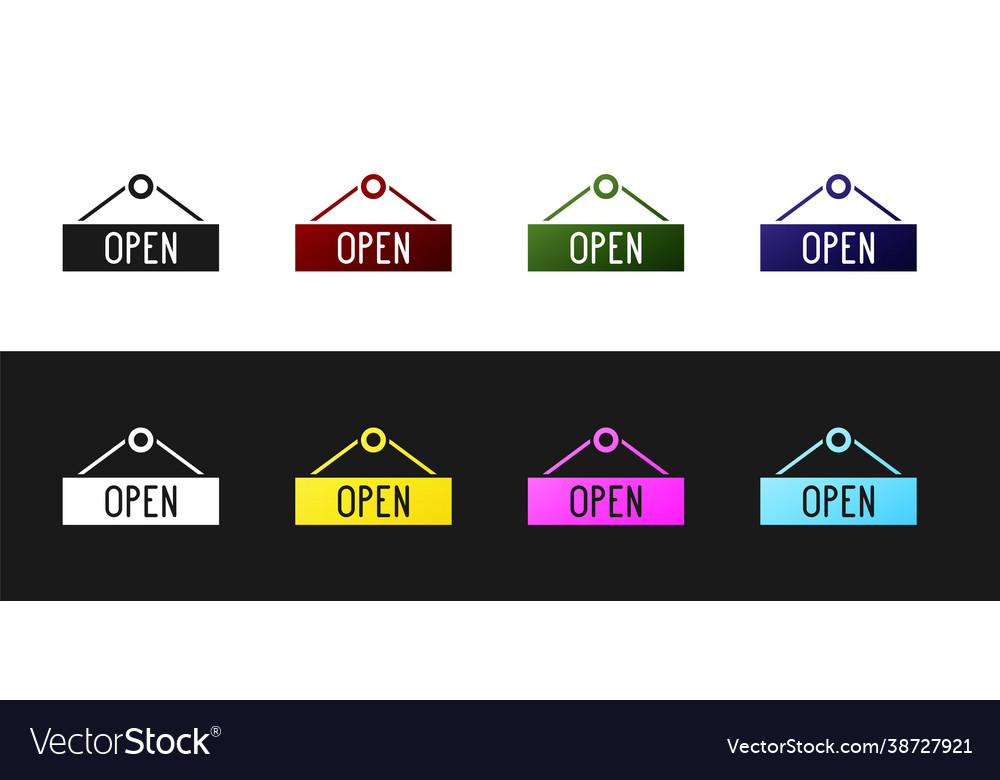 Set hanging sign with text open door icon isolated