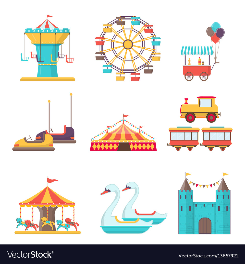 Set of amusement park elements on white background