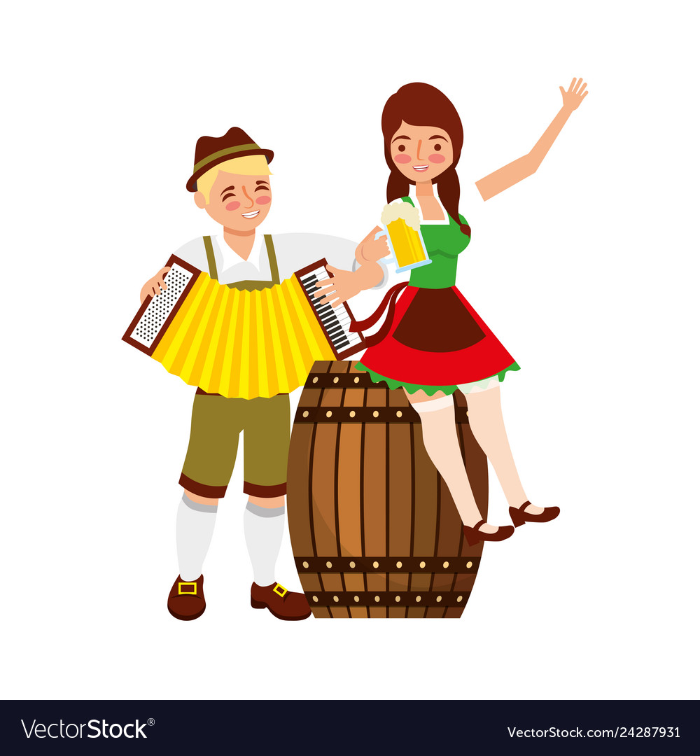 Bavarian man and woman with accordion barrel