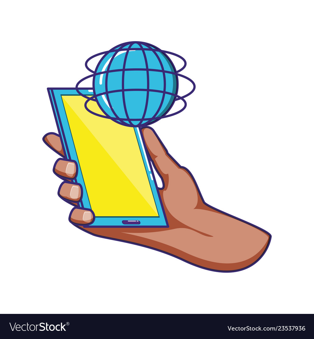 Hand using smartphone with sphere planet