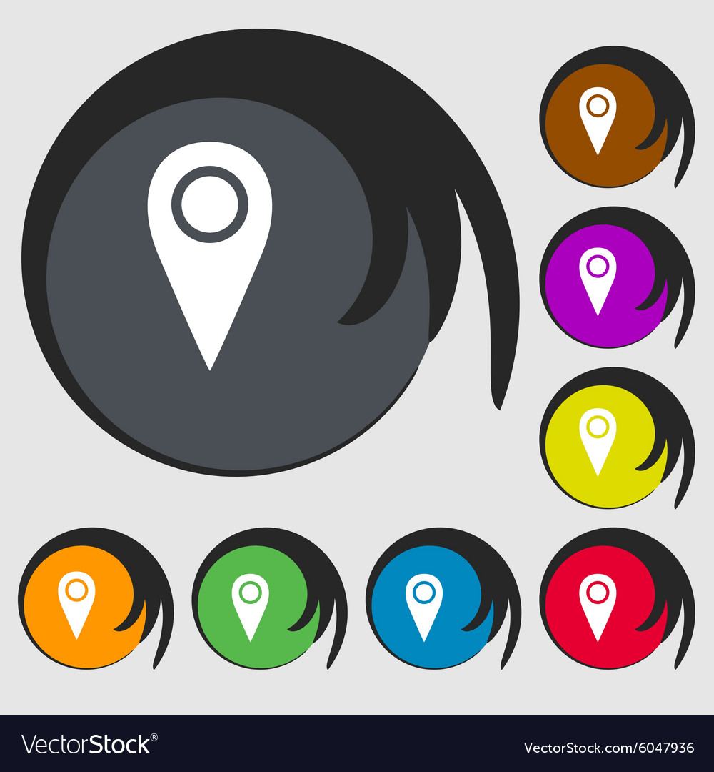 Map pointer icon sign symbols on eight colored