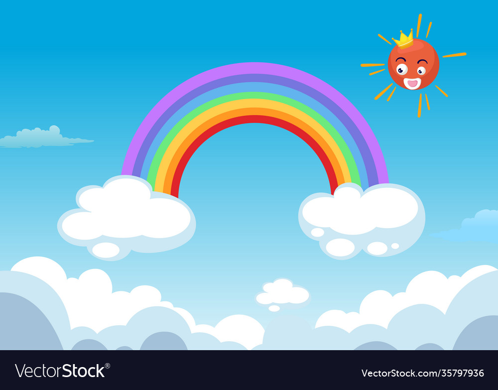 Rainbow and sun in clouds background