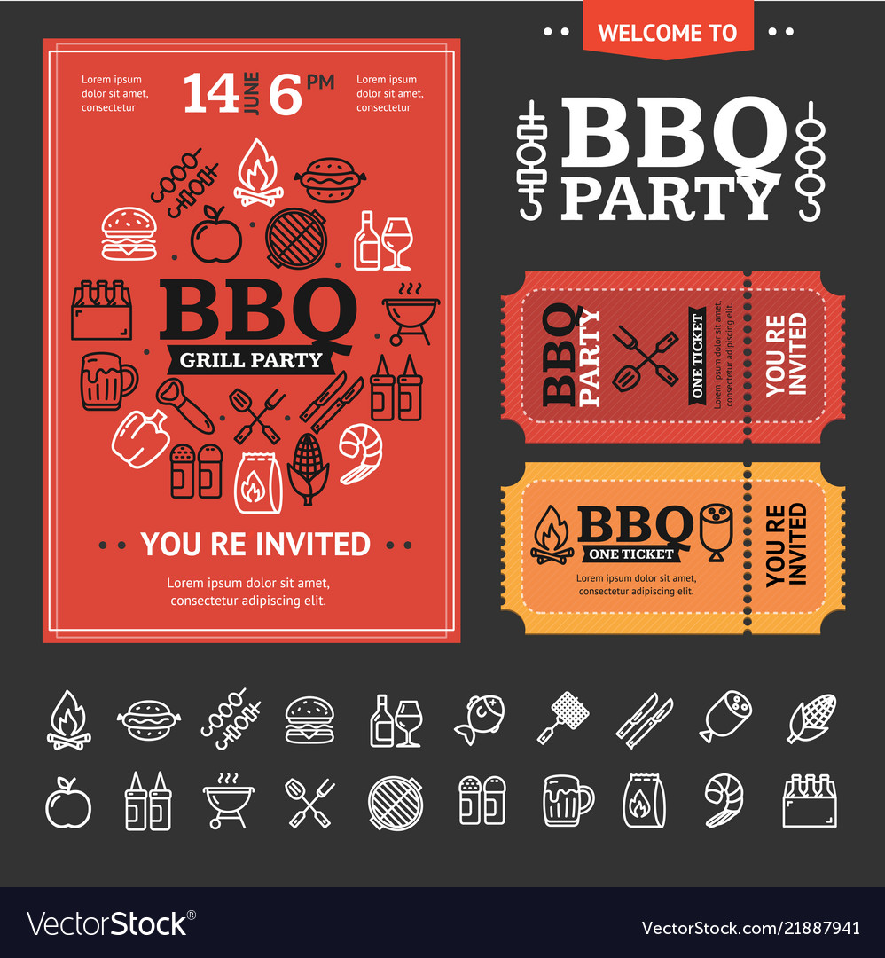 bbq party invitation with thin line icon set vector image