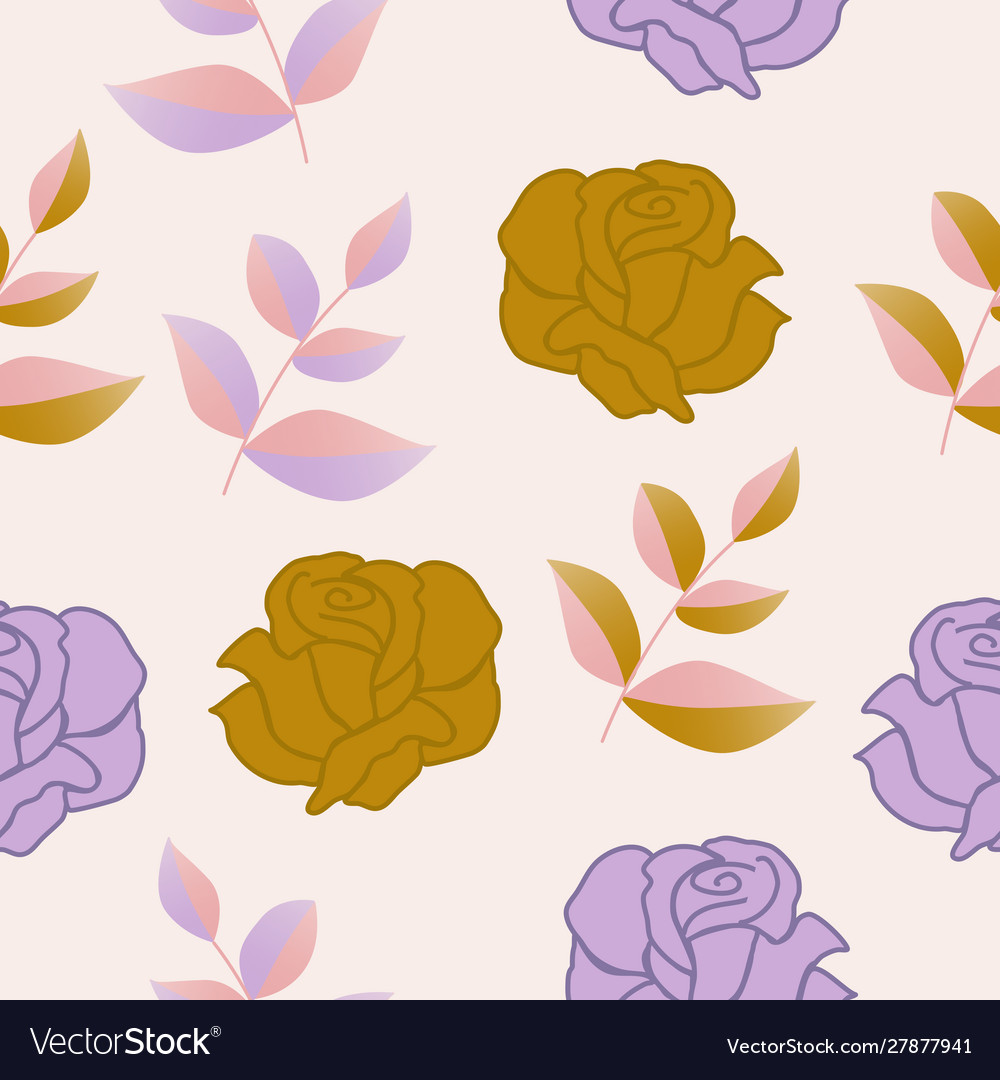 Gold and purple roses leaves in a seamless