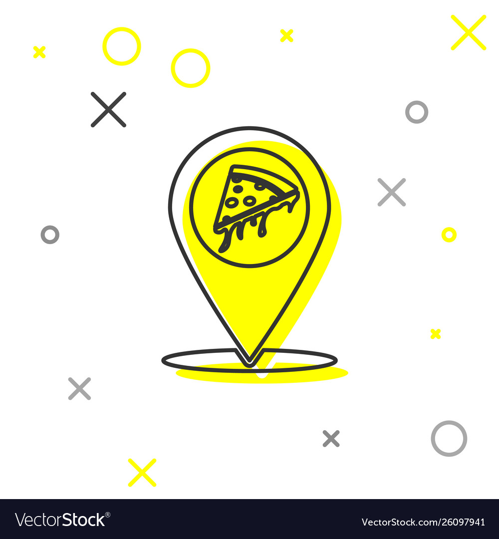 Grey map pointer with fast food slice pizza line vector image Grey map pointer with fast food slice pizza line