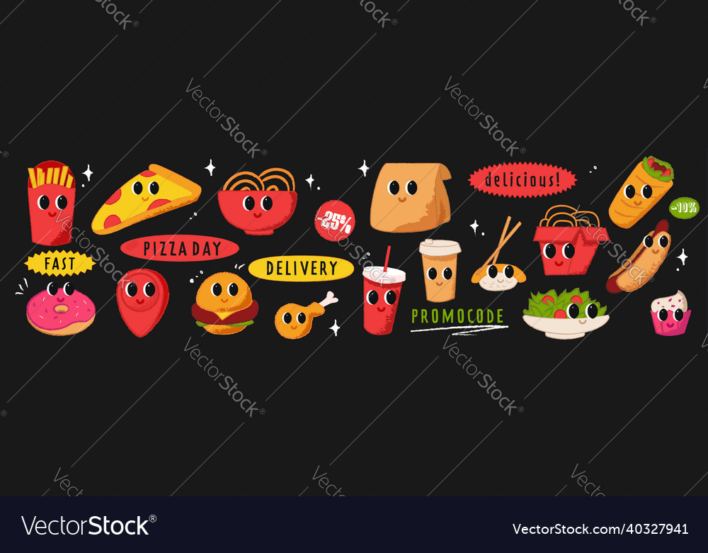 Kawaii fastfood set with faces food Royalty Free Vector