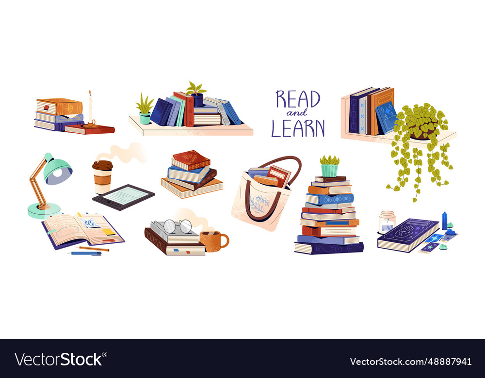 Piles of different books set stacks heaps vector image Piles of different books set stacks heaps