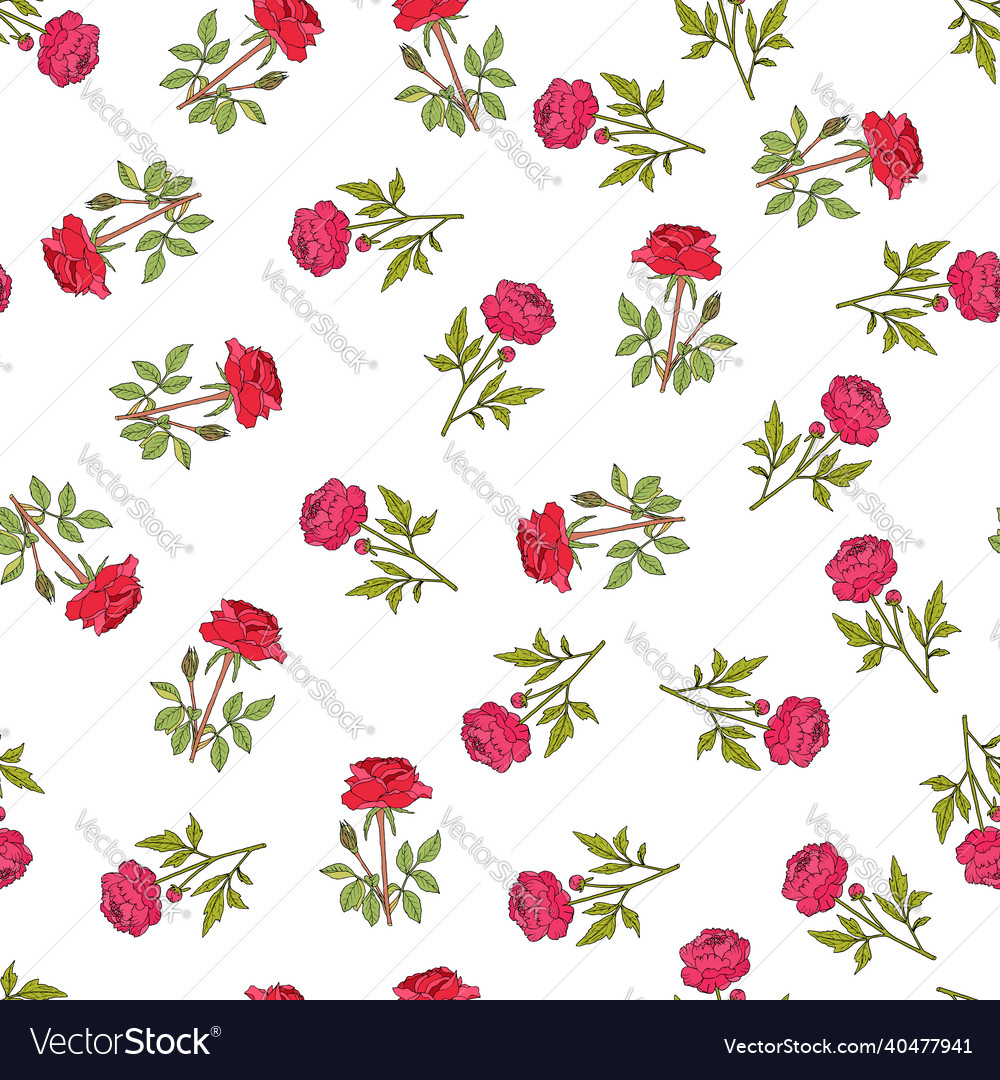 Seamless pattern with red rose and peony