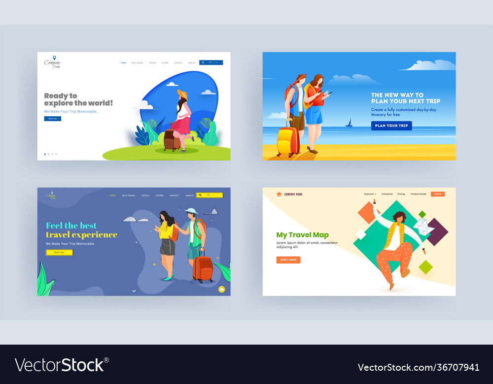 Set landing page design with tourism character vector image Set landing page design with tourism character