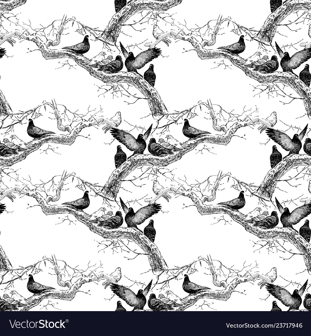 Pigeons on Tree Branches - Seamless Pattern
