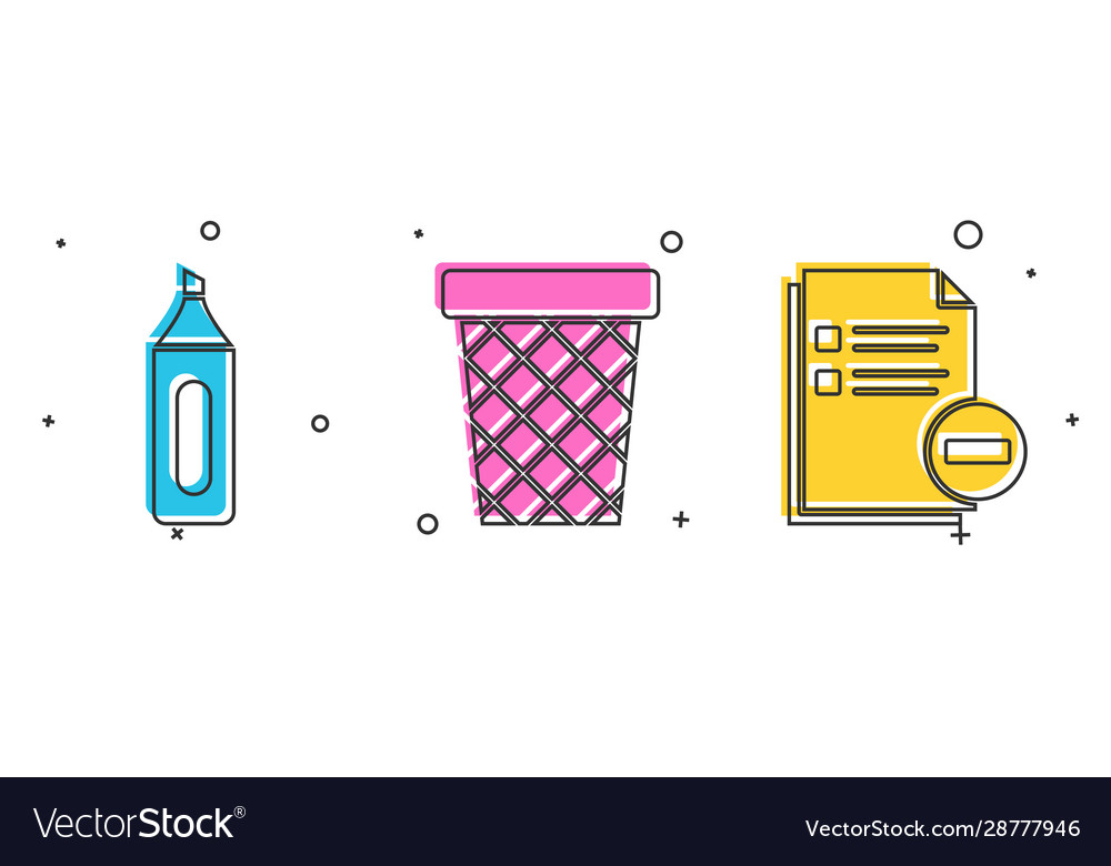 Set marker pen trash can and document with minus