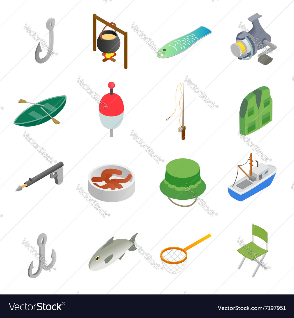 Fishing isometric 3d icons set Royalty Free Vector Image