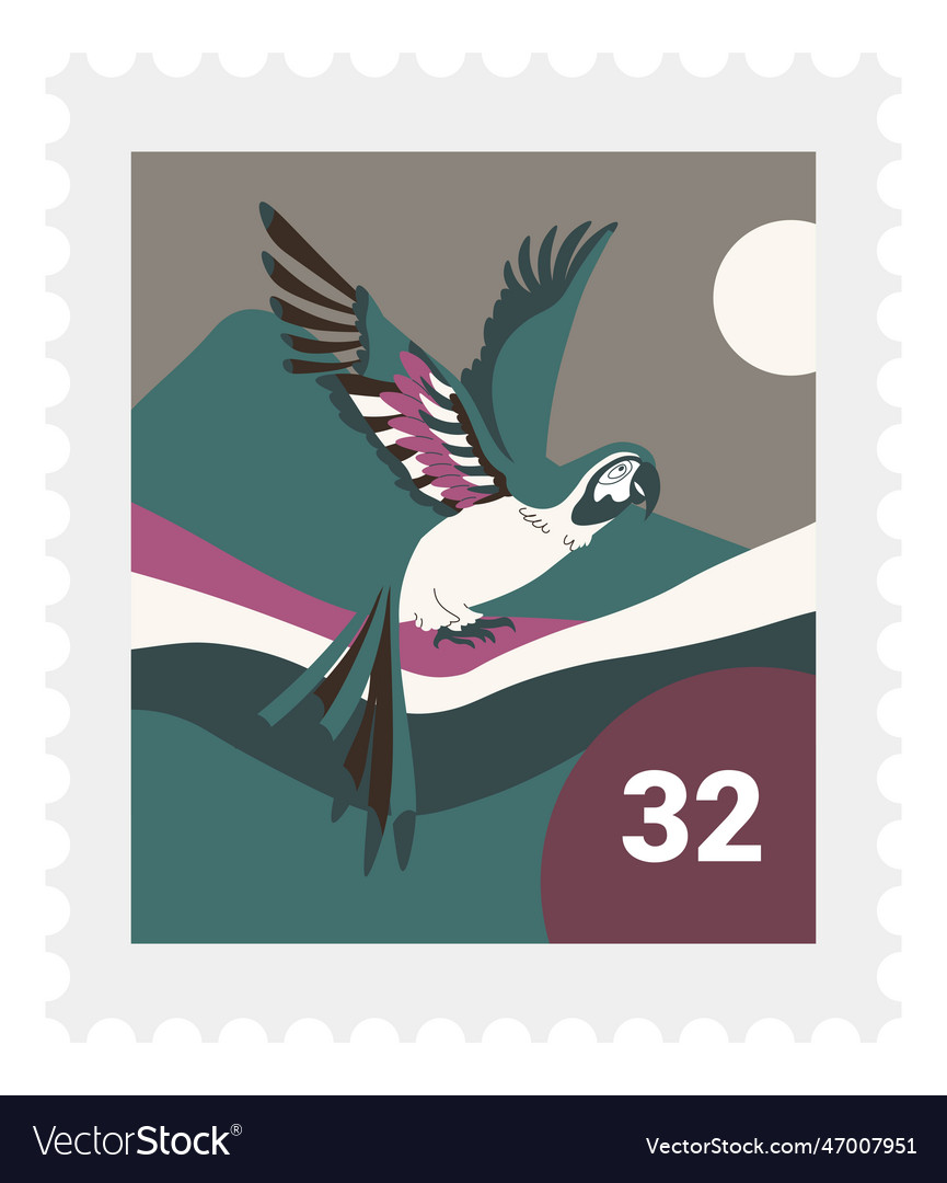 Flying parrot bird on postal marking postmark Vector Image