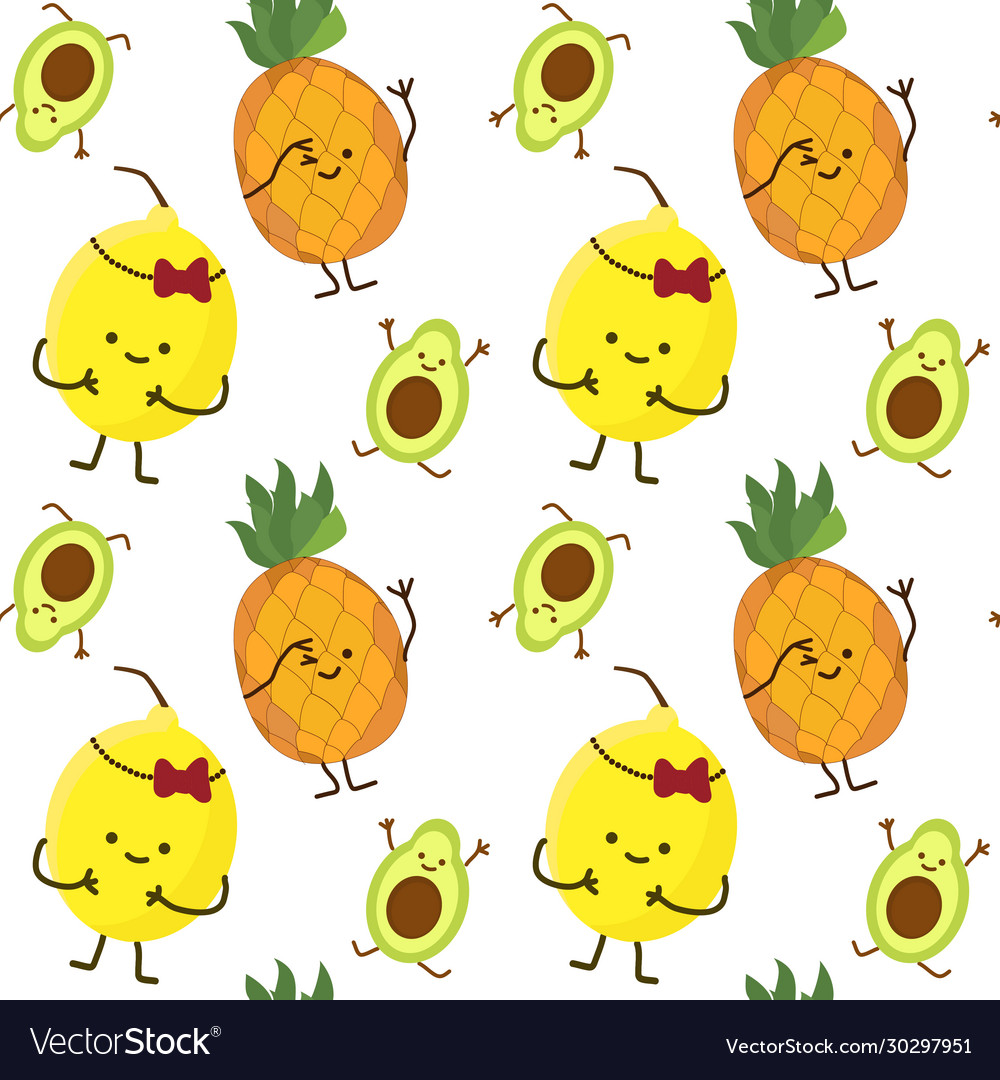 Kawaii fruits pattern set with face expression