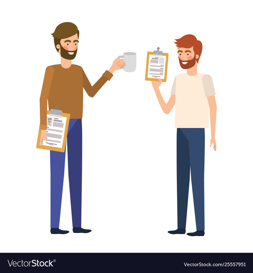 Men with office objects in white background