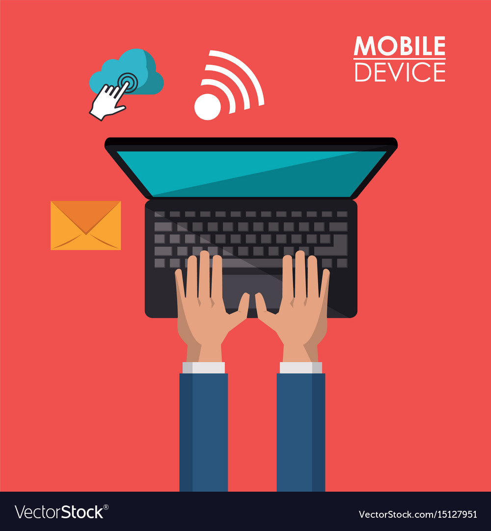 Red background poster of mobile device with hands