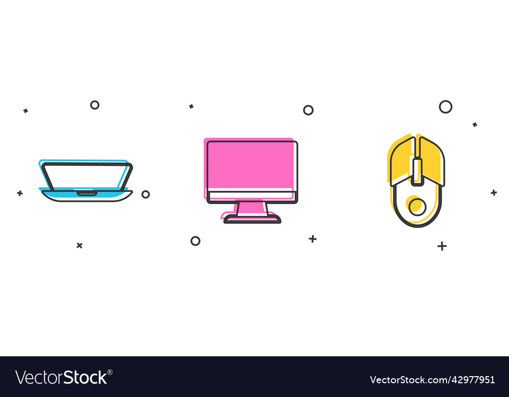 Set laptop computer monitor screen and mouse icon vector image Set laptop computer monitor screen and mouse icon