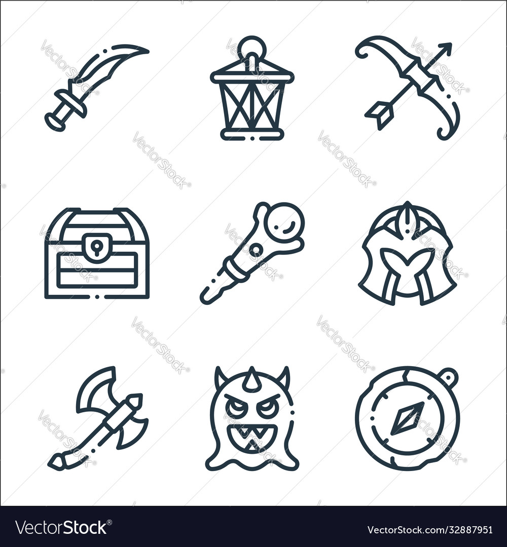 Videogame elements line icons linear set quality