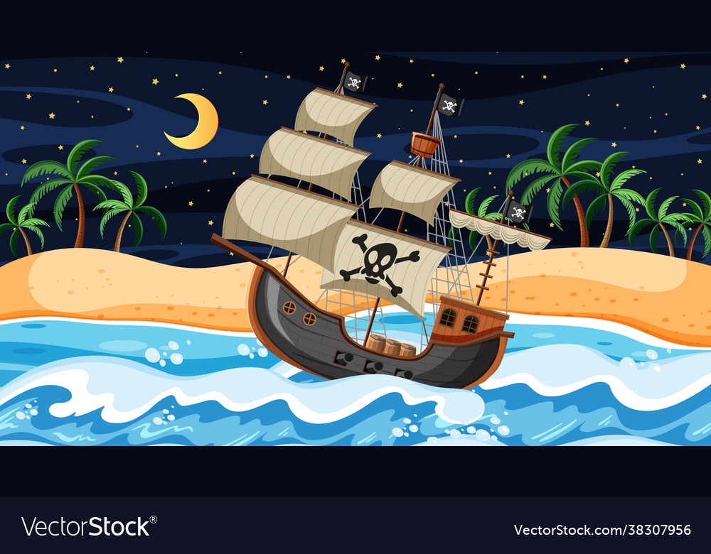 Beach scene at night with pirate ship in cartoon