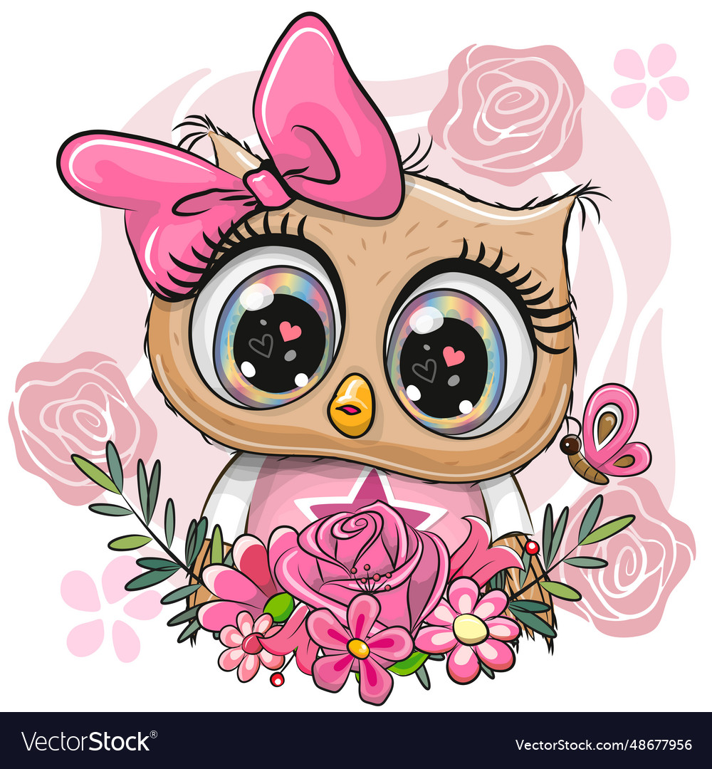 Cartoon owl with flowers on a white background Vector Image