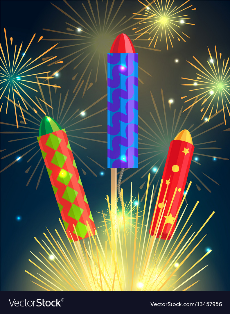 Colourful exploding rockets on bright background vector image Colourful exploding rockets on bright background