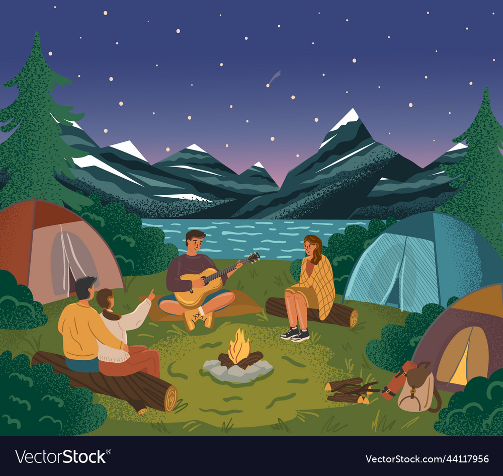 People sit next to campfire and play guitar group