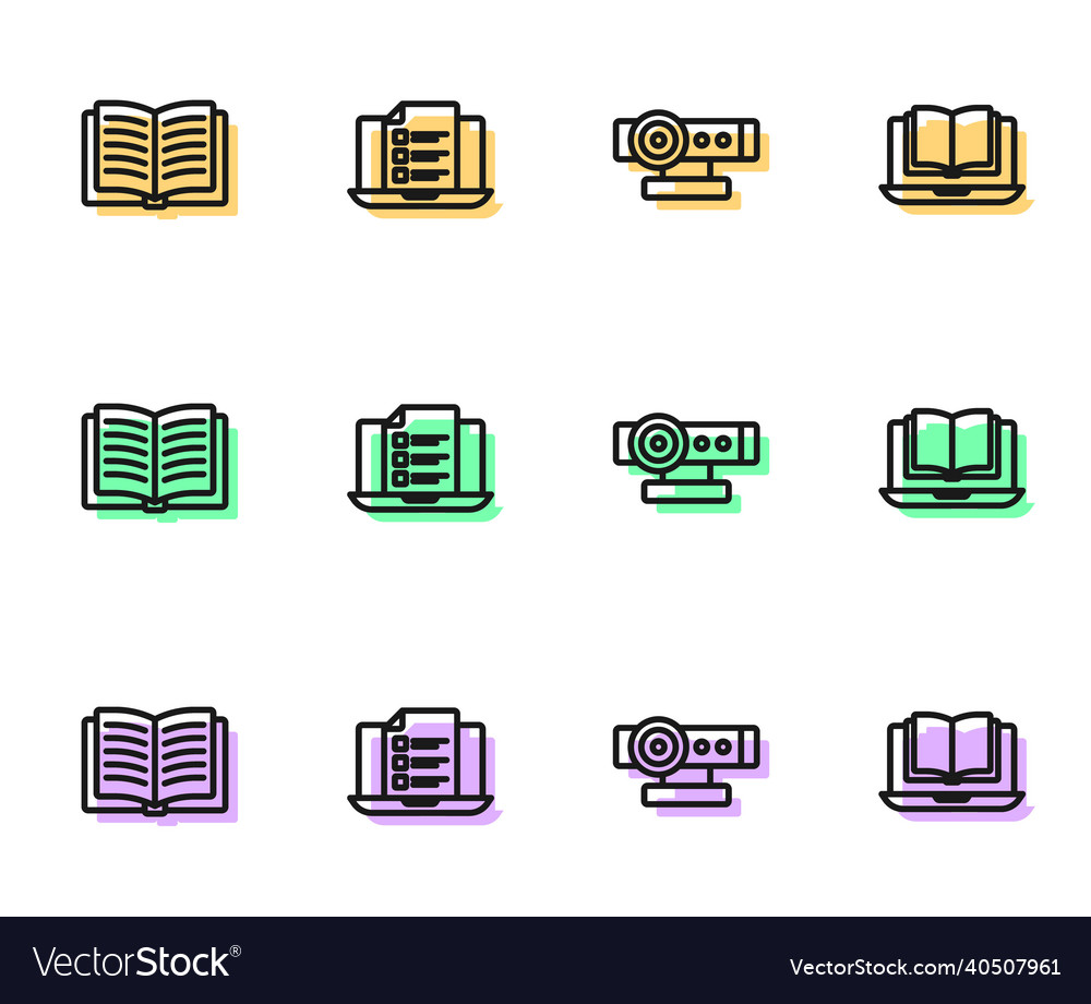 Set line web camera open book online quiz test vector image Set line web camera open book online quiz test