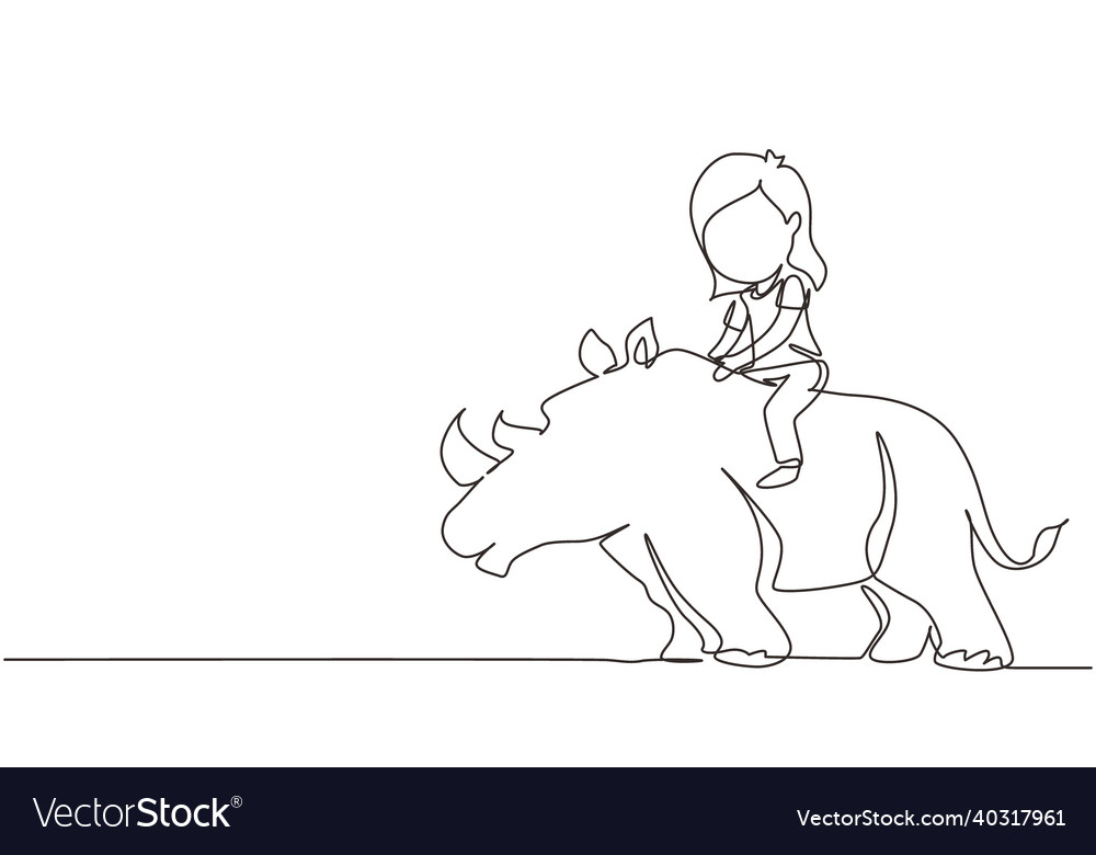 Single one line drawing happy girl riding rhino