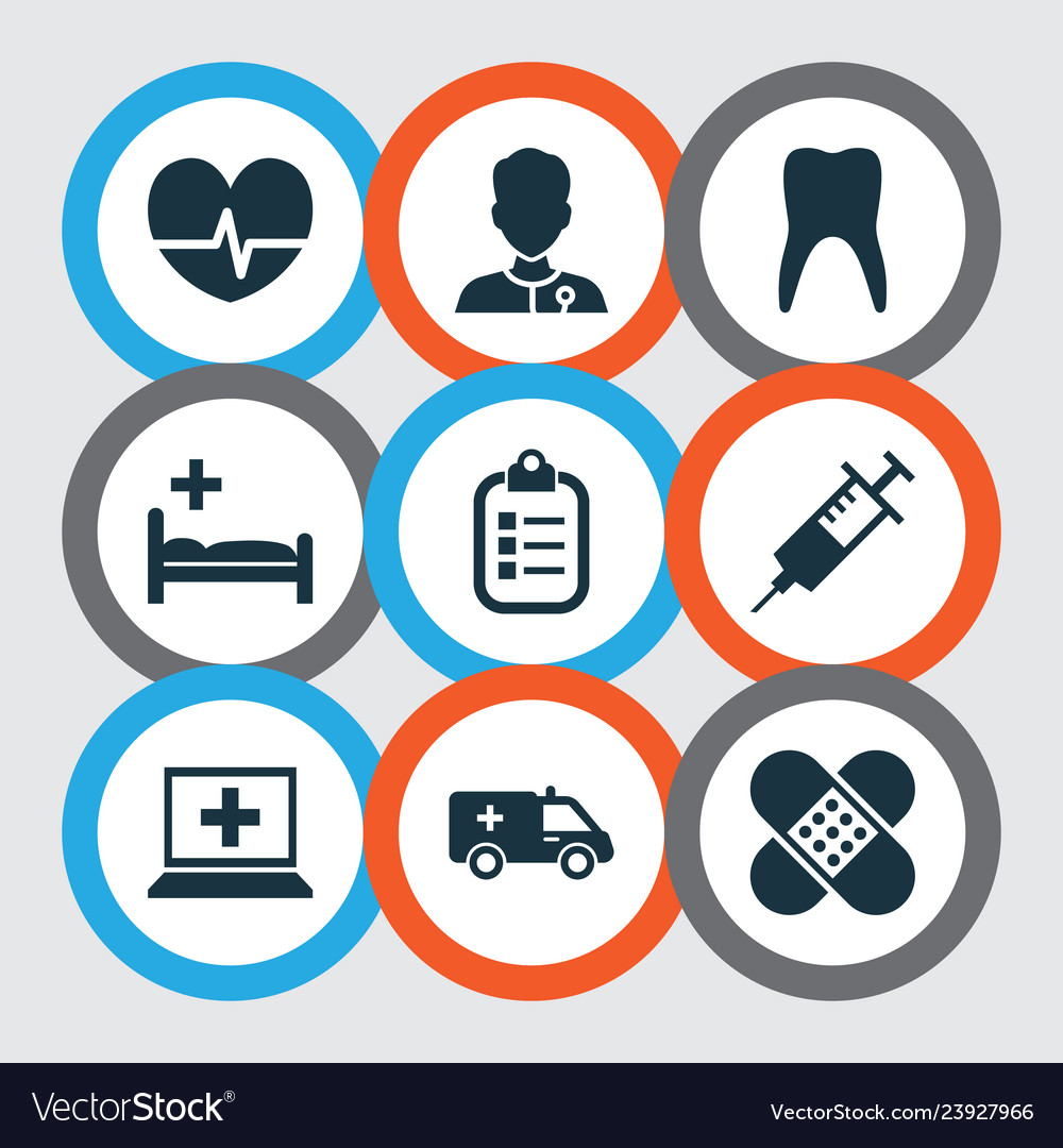 Medicine icons set with syringe computer clinic