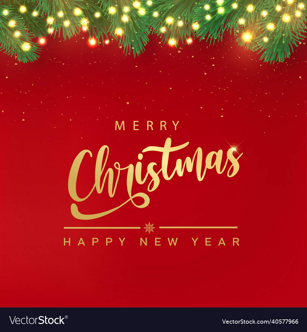 Merry christmas card with golden text and pine vector image Merry christmas card with golden text and pine