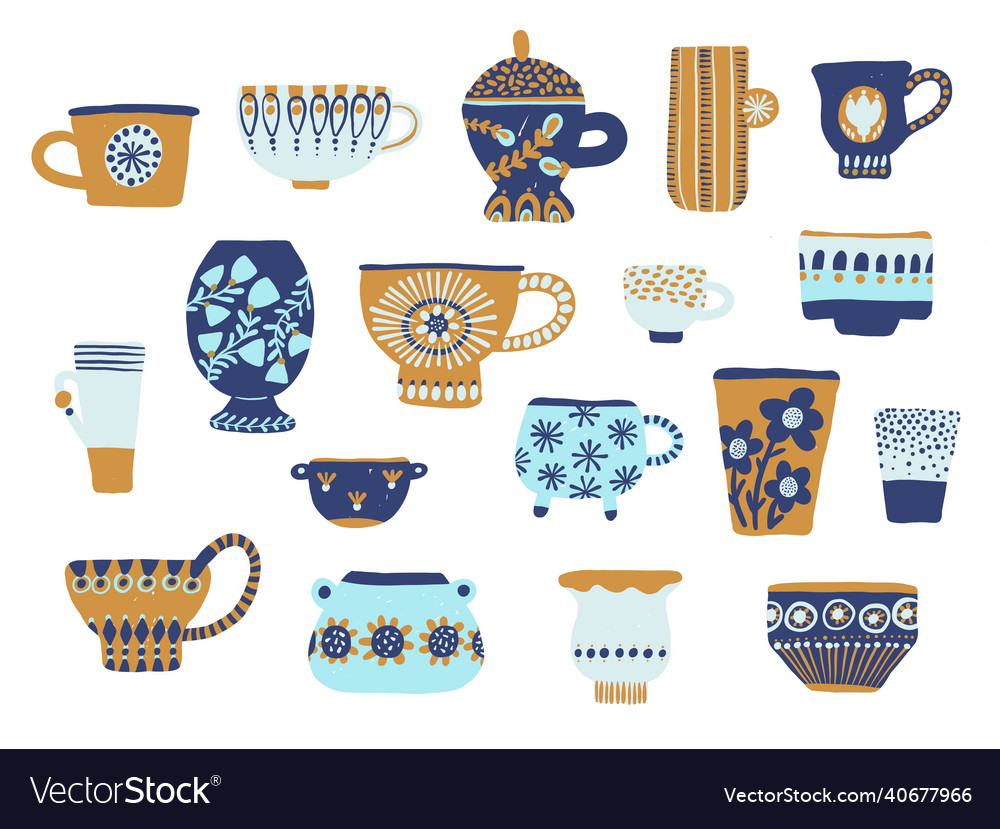 Trendy cups decorated tea mugs with rustic Vector Image