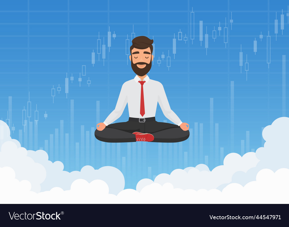 Businessman trader meditating in the sky over