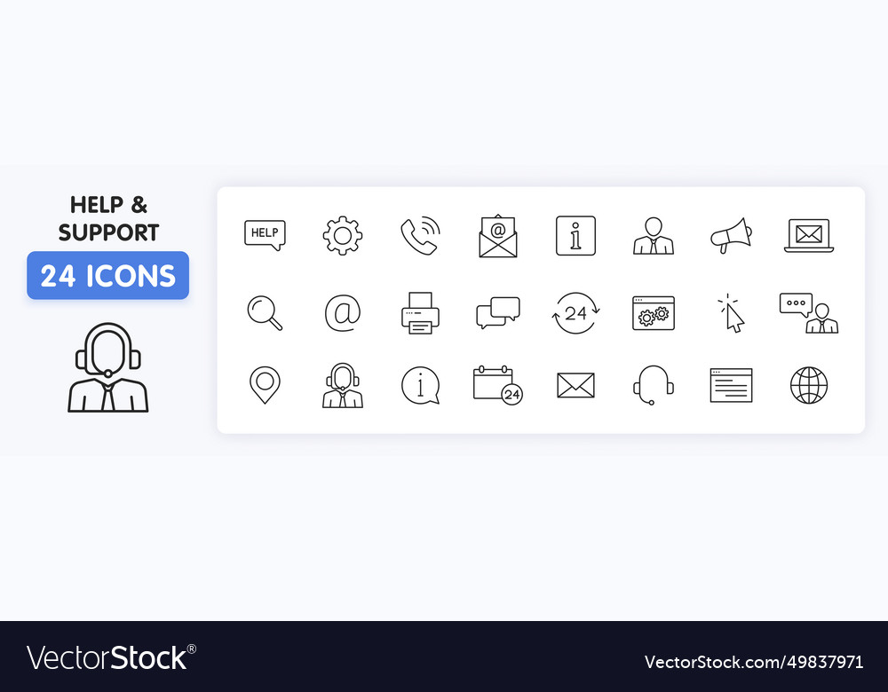 Set of 24 support and help web icons in line vector image Set of 24 support and help web icons in line