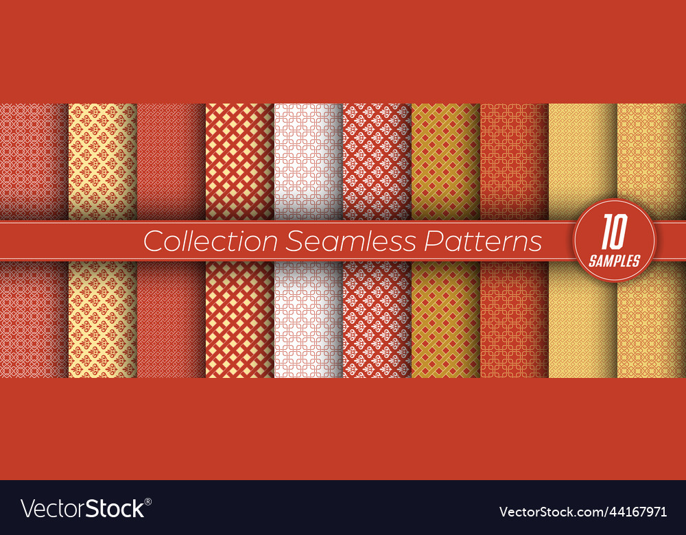 Set of seamless gold and red ornaments golden vector image Set of seamless gold and red ornaments golden