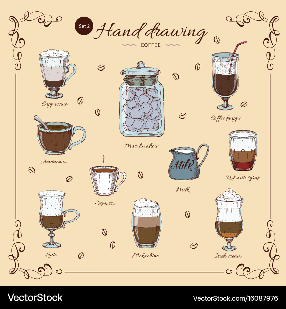 Coffee hand drawn colored set Royalty Free Vector Image