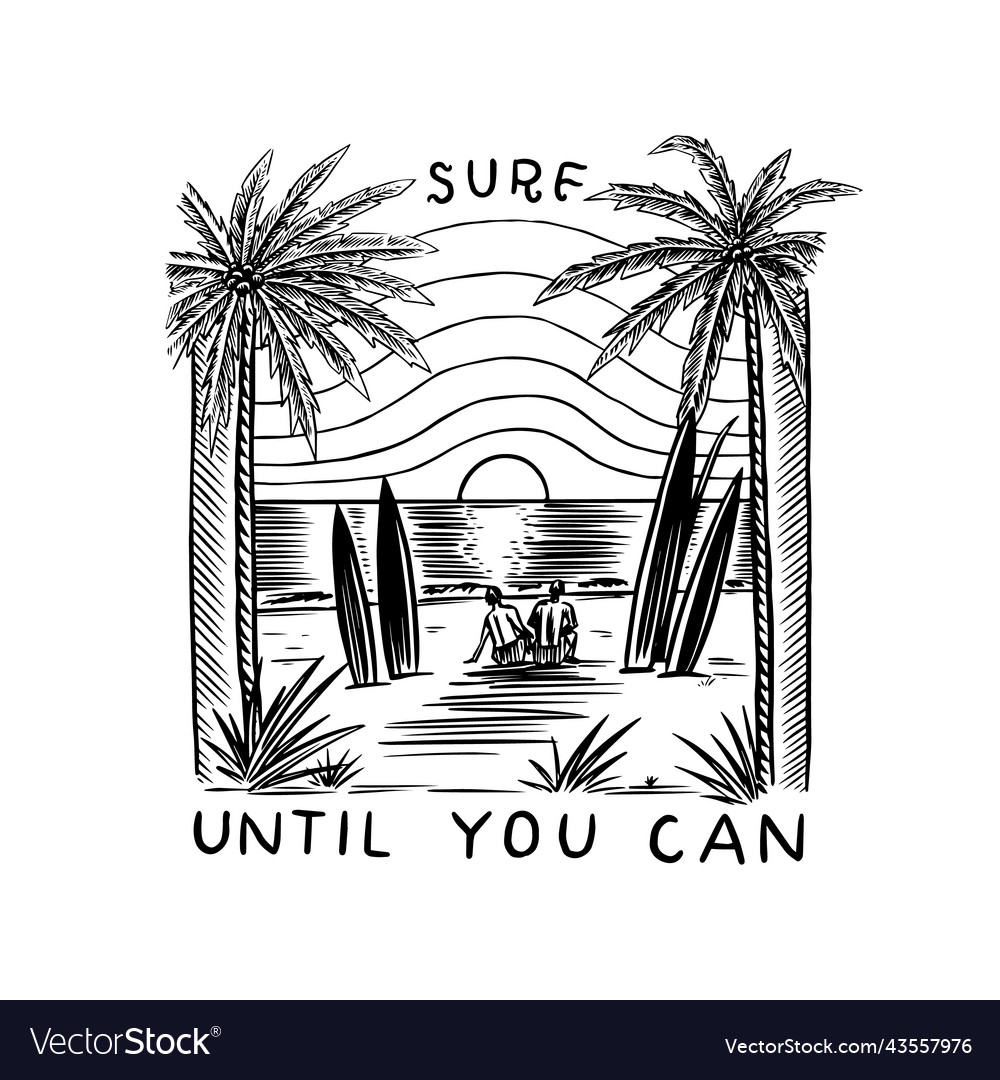 Marine tropical landscape with surfboards against vector image Marine tropical landscape with surfboards against