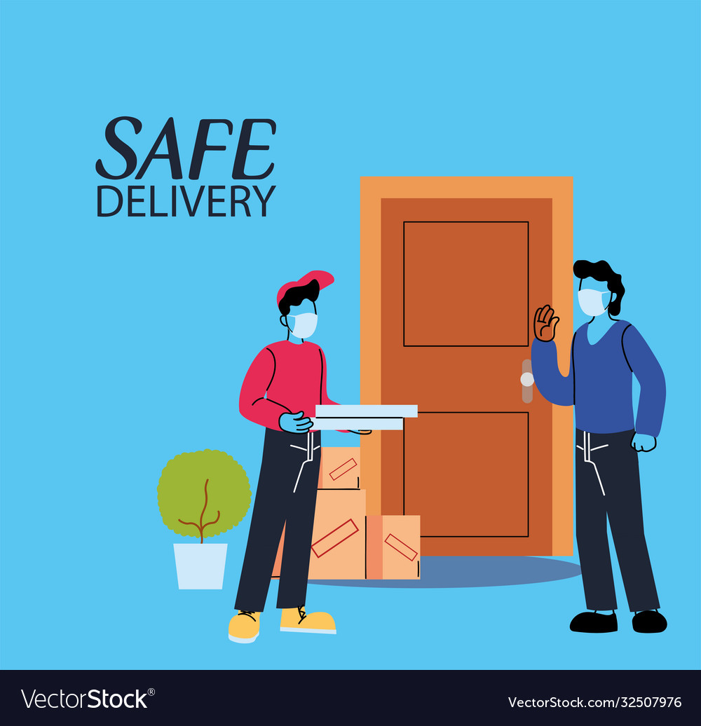 Men with masks delivering and receiving secure