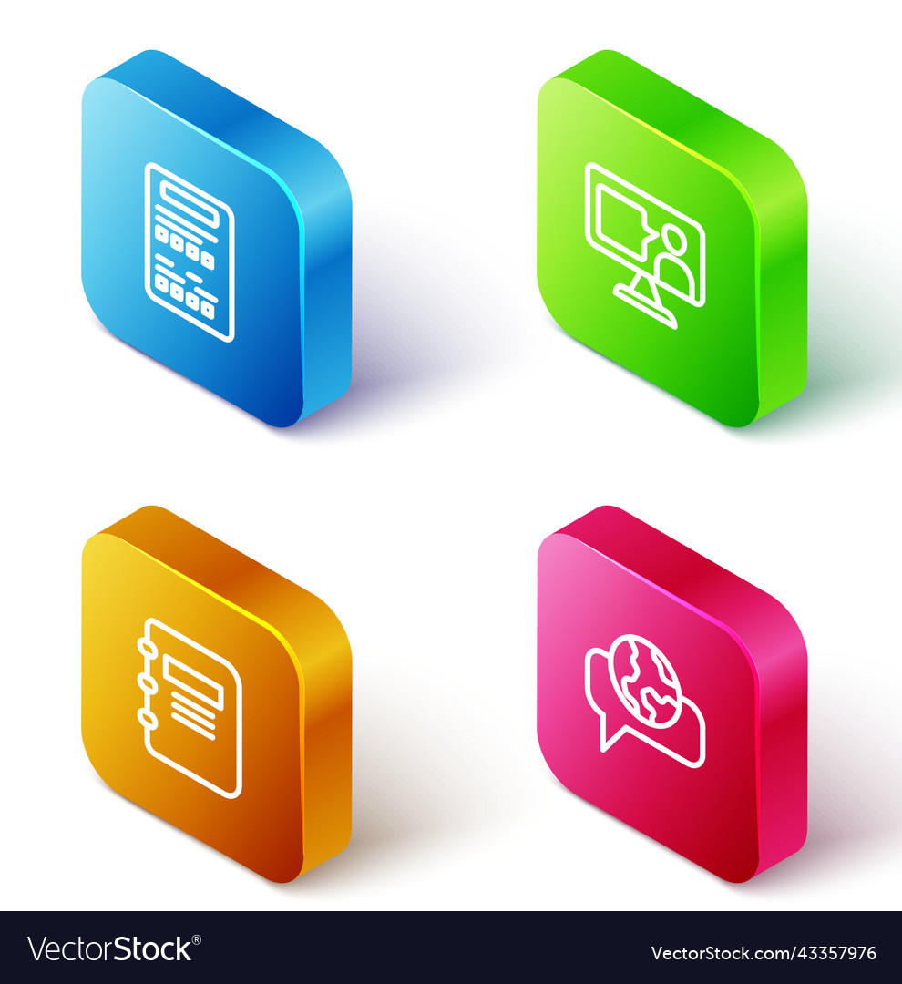 Set isometric line exam sheet foreign language vector image Set isometric line exam sheet foreign language